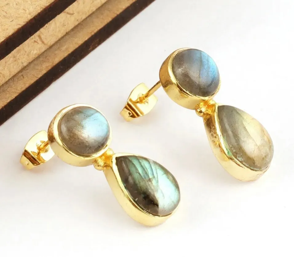 Iridescent Fire Labradorite Gemstone Stud Dangle Earrings 1.25"