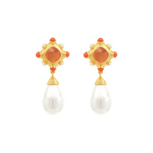 Julia Earrings Citrine Quartz, Coral & Pearls