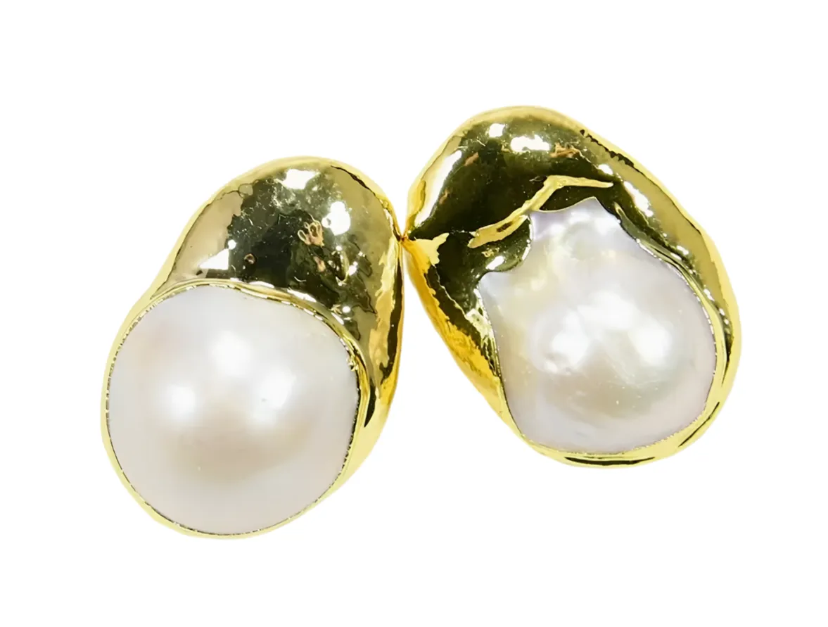 Keshi Pearl & 24 Gold Vermeil Statement Stud Earrings 1”