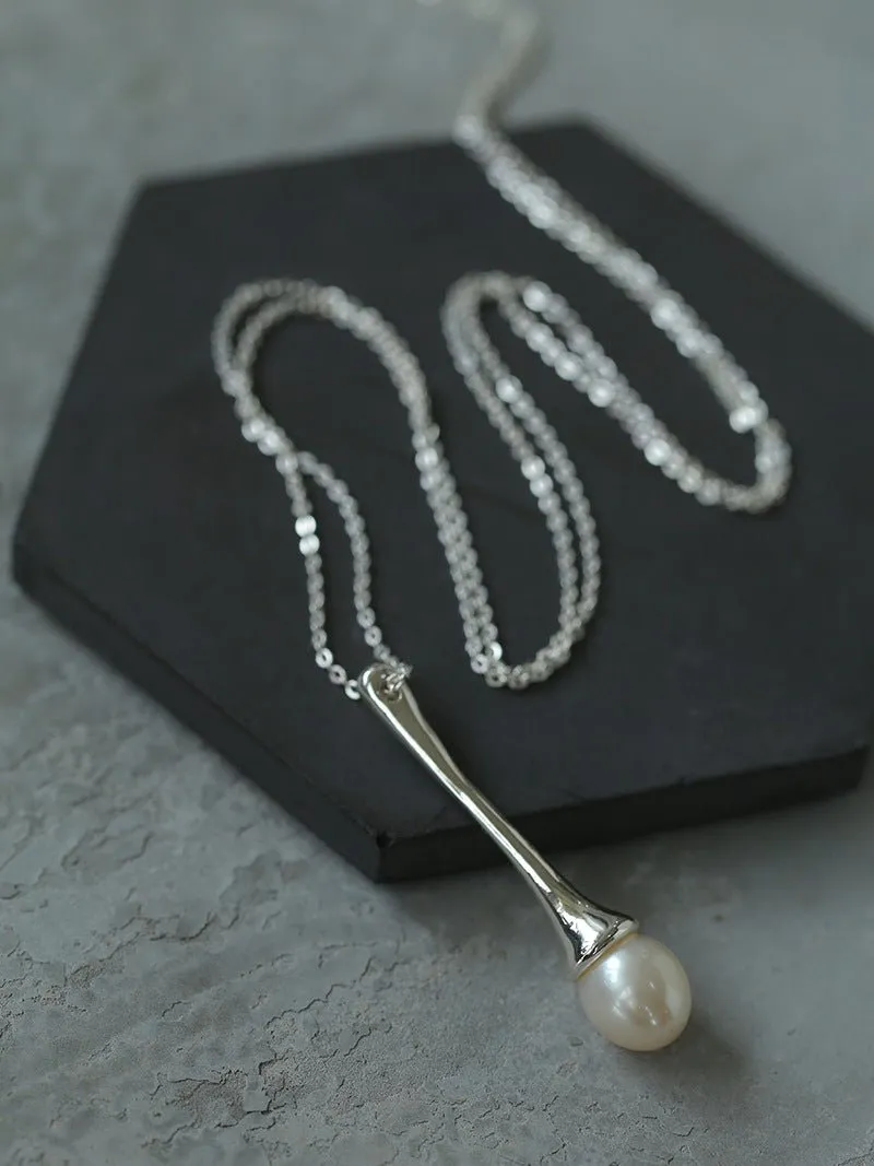 Long Minimalist Teardrop Pearl Pendant Necklace