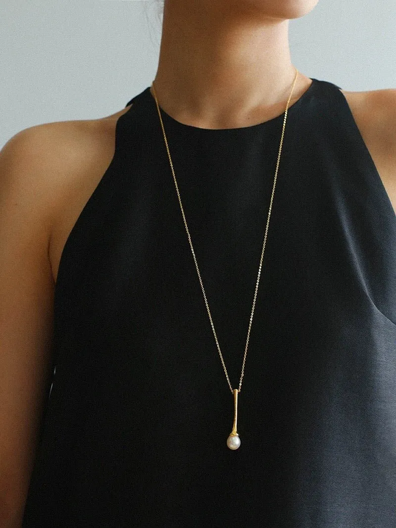 Long Minimalist Teardrop Pearl Pendant Necklace