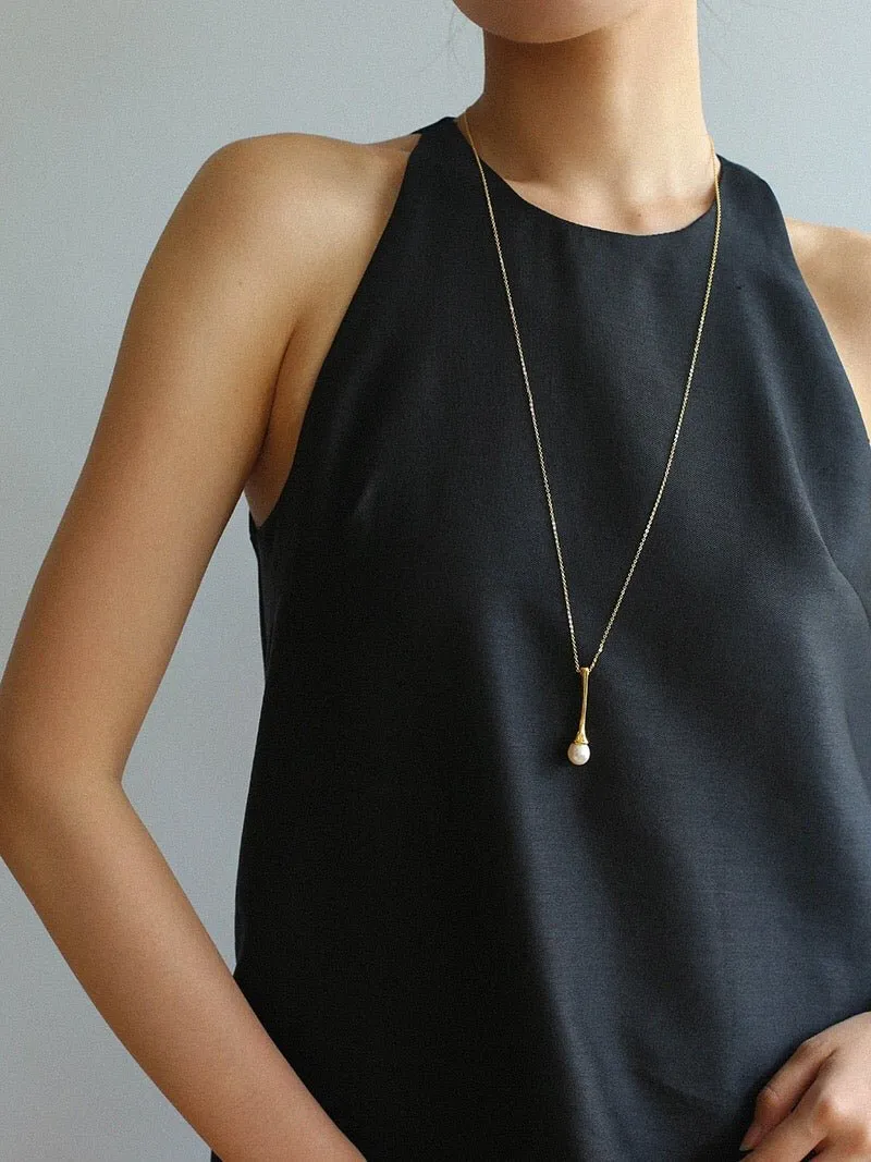 Long Minimalist Teardrop Pearl Pendant Necklace