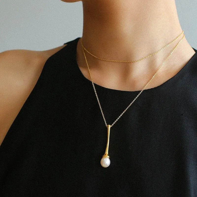 Long Minimalist Teardrop Pearl Pendant Necklace