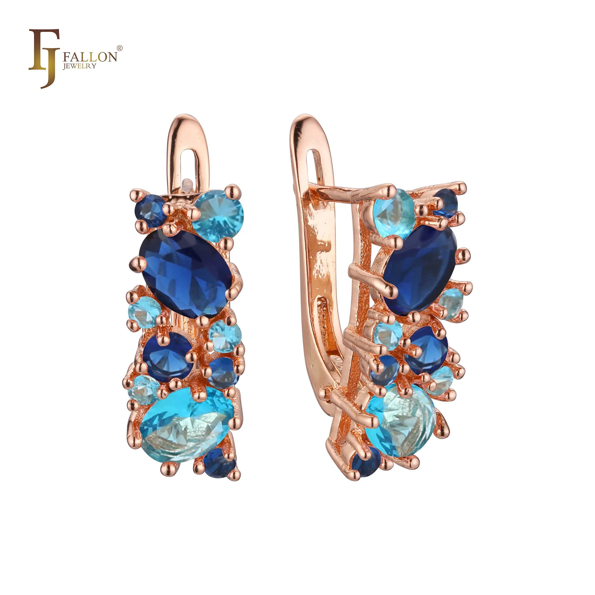 .Luxurious Colorful Cluster CZ earrings plated in 14K Gold, Rose Gold