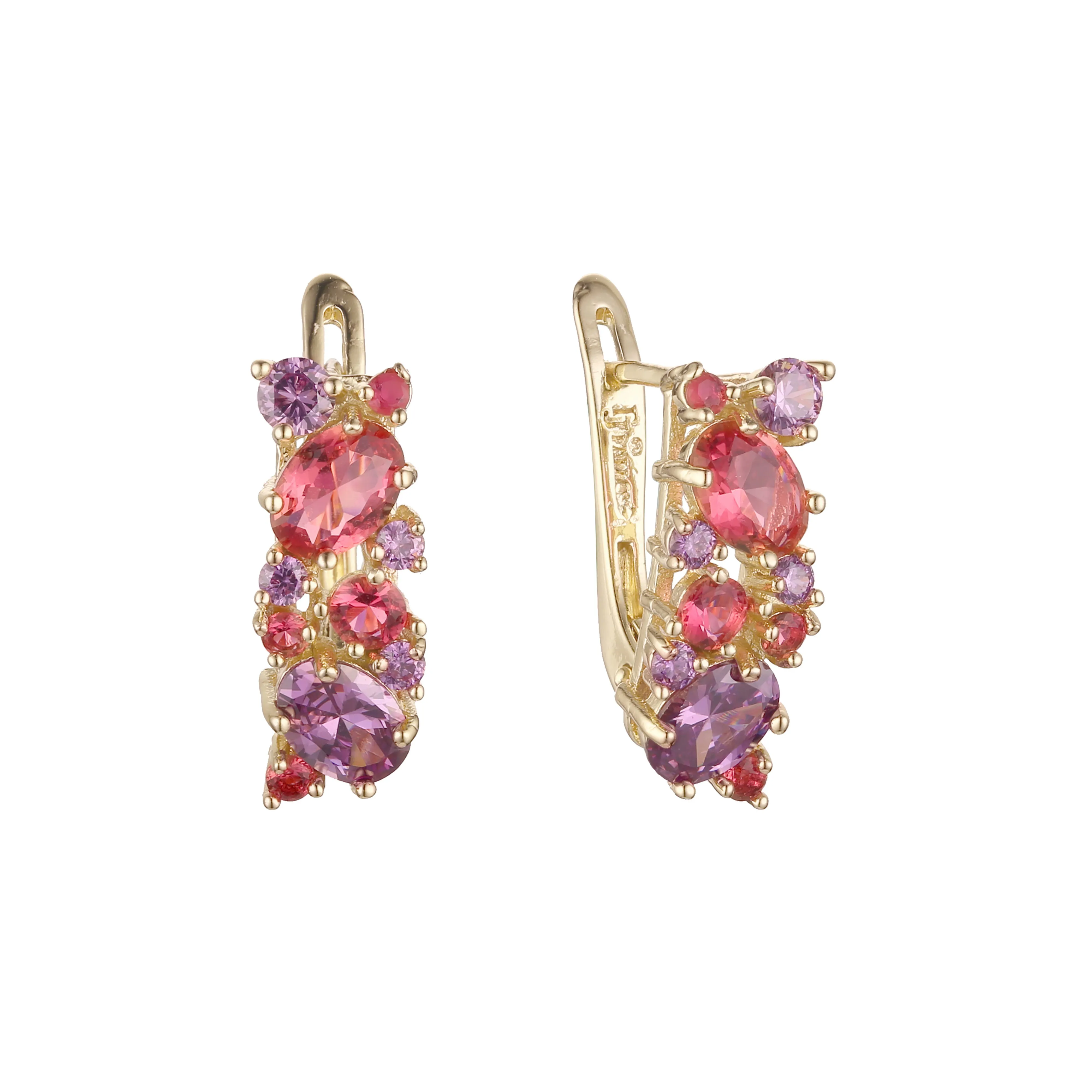 .Luxurious Colorful Cluster CZ earrings plated in 14K Gold, Rose Gold