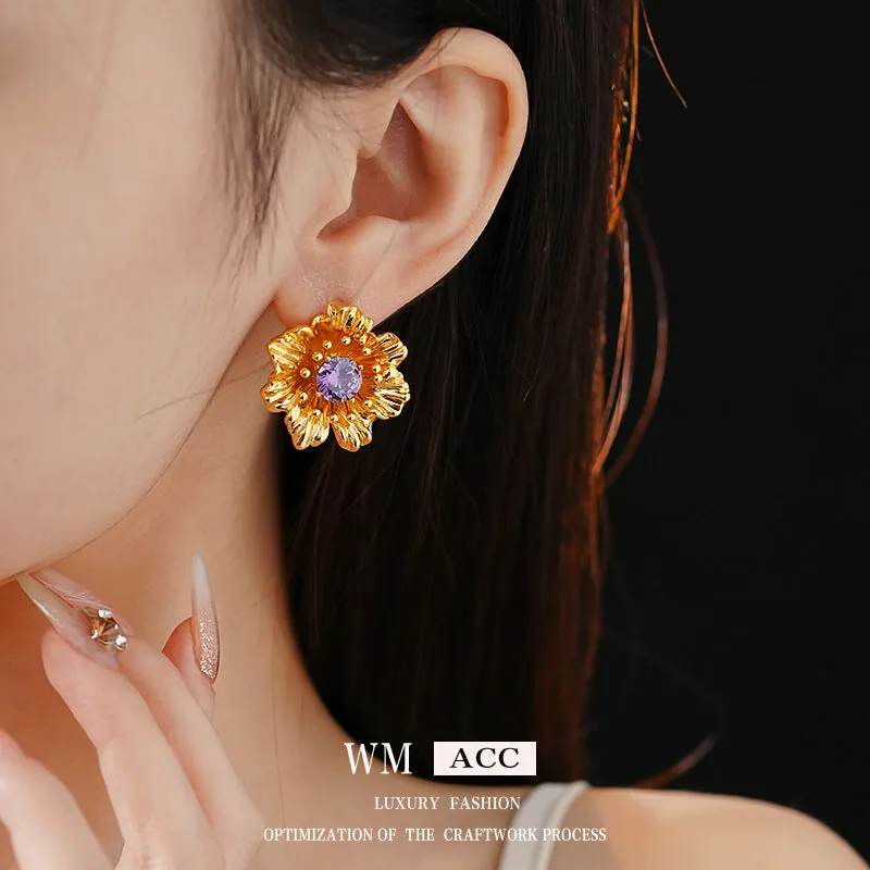 Luxurious Flower Geometric Flower Copper Zircon Inlay Earrings