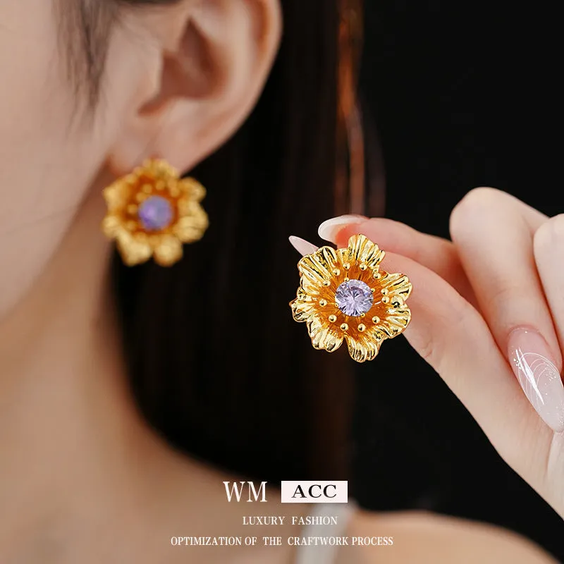 Luxurious Flower Geometric Flower Copper Zircon Inlay Earrings