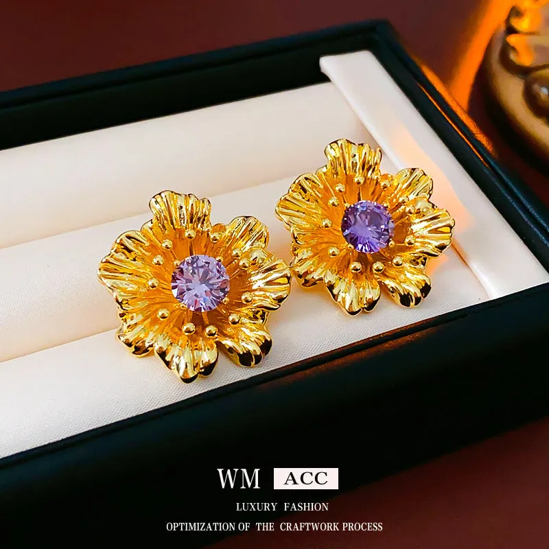 Luxurious Flower Geometric Flower Copper Zircon Inlay Earrings