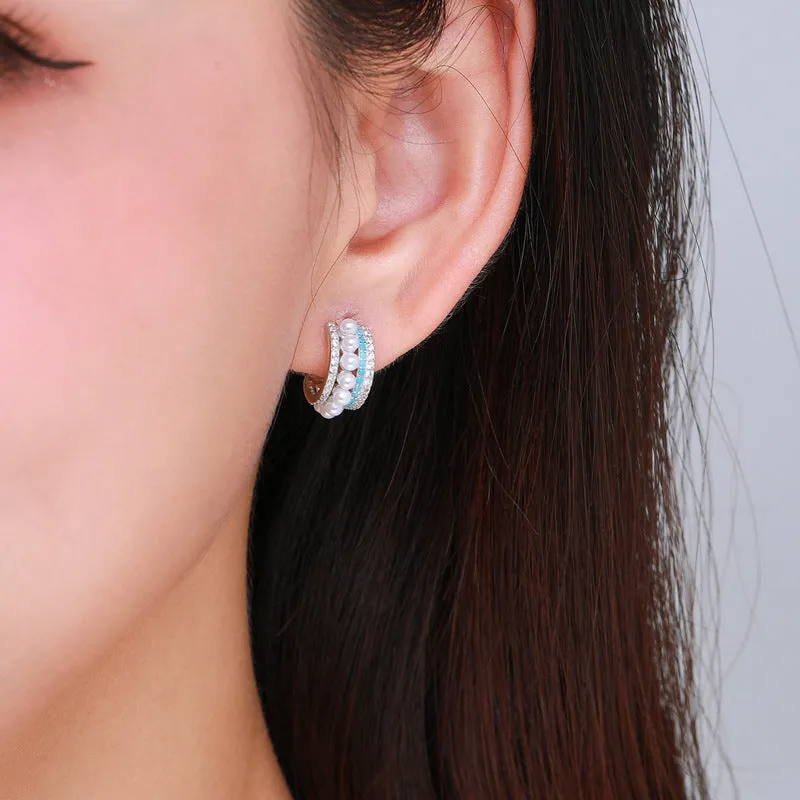 Luxurious Sterling Silver Earrings with Zircon, Turquoise, and Pearl Embellishments