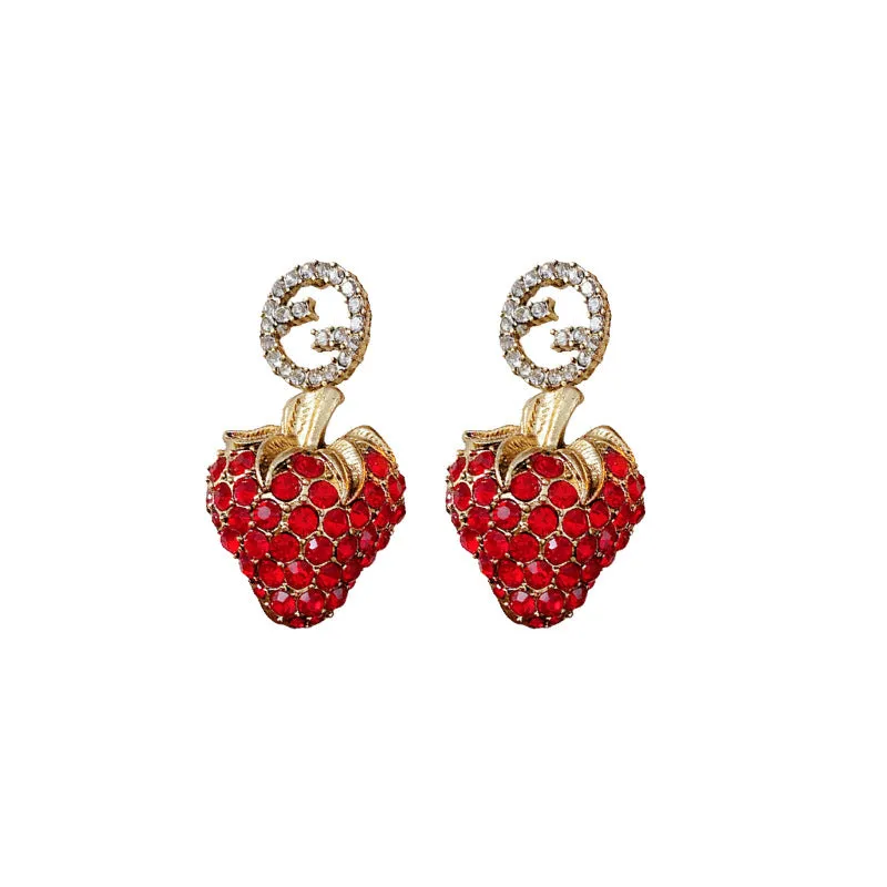 Luxurious Strawberry Fruit Alloy Diamond Inlay Earrings