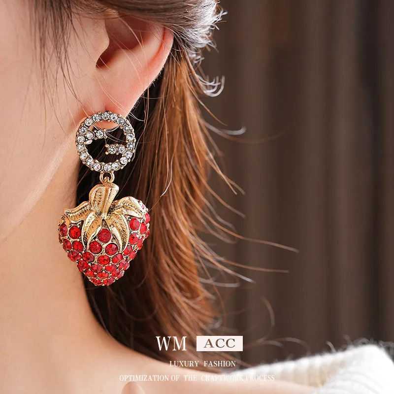 Luxurious Strawberry Fruit Alloy Diamond Inlay Earrings