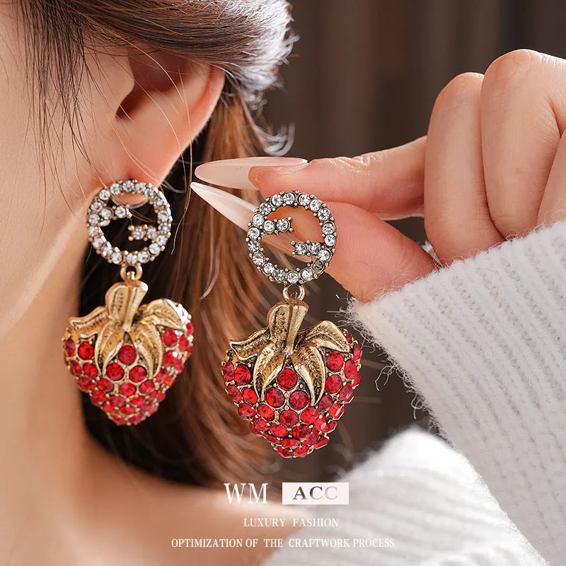 Luxurious Strawberry Fruit Alloy Diamond Inlay Earrings