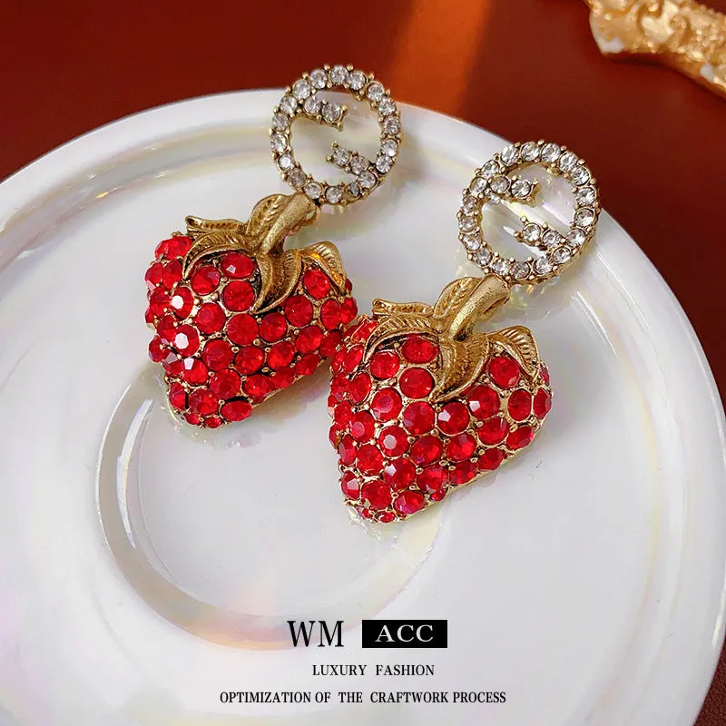 Luxurious Strawberry Fruit Alloy Diamond Inlay Earrings