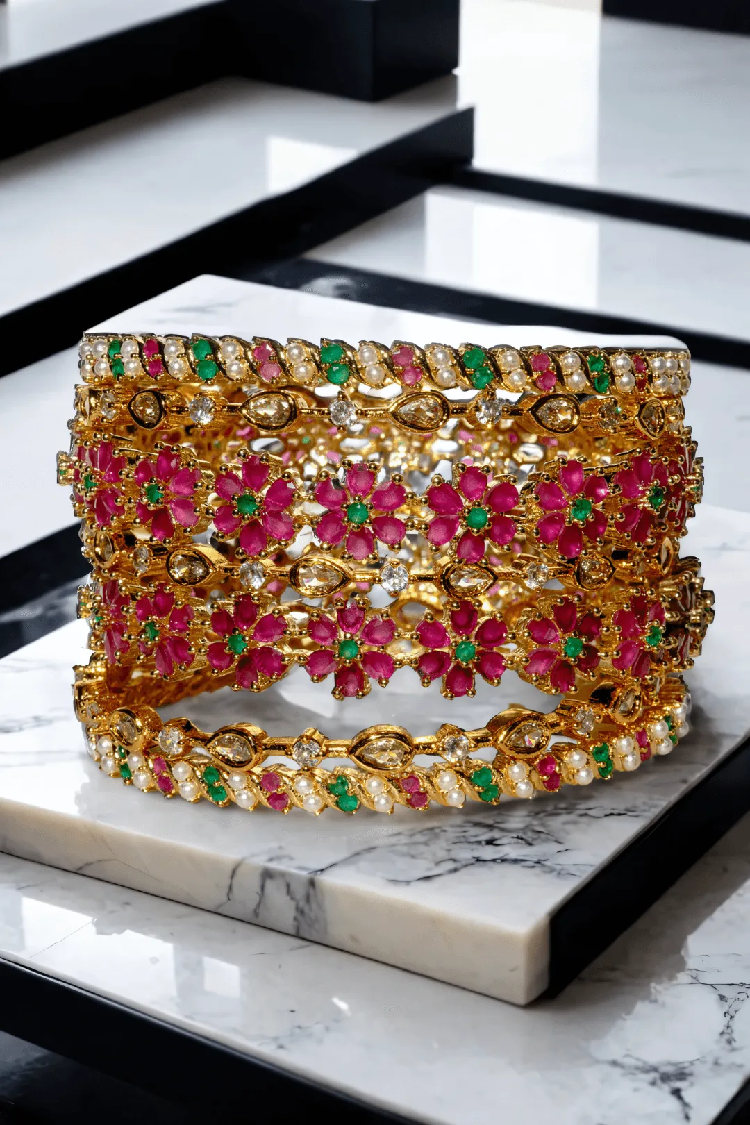 Meera 7-Piece Gold-Plated Floral Bangle Set with Ruby and Green Accents