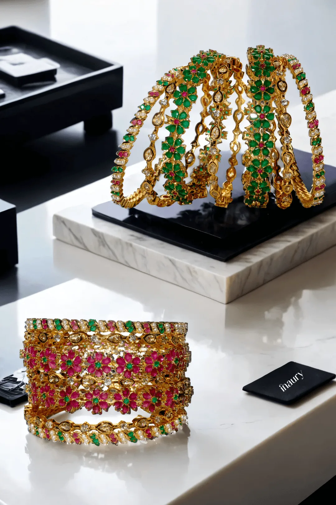 Meera 7-Piece Gold-Plated Floral Bangle Set with Ruby and Green Accents