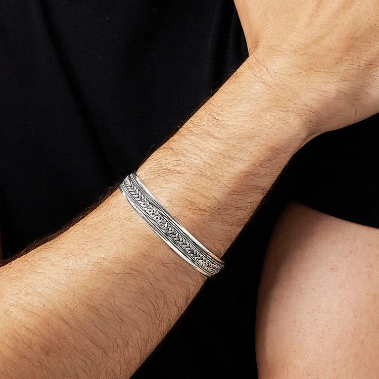 Men's Silver Bangle | Braided Sterling Silver Cuff Bangle for Men