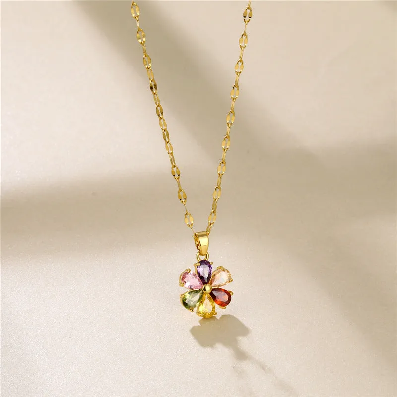 Minimalist Flower Titanium Steel Diamond Inlay Necklaces