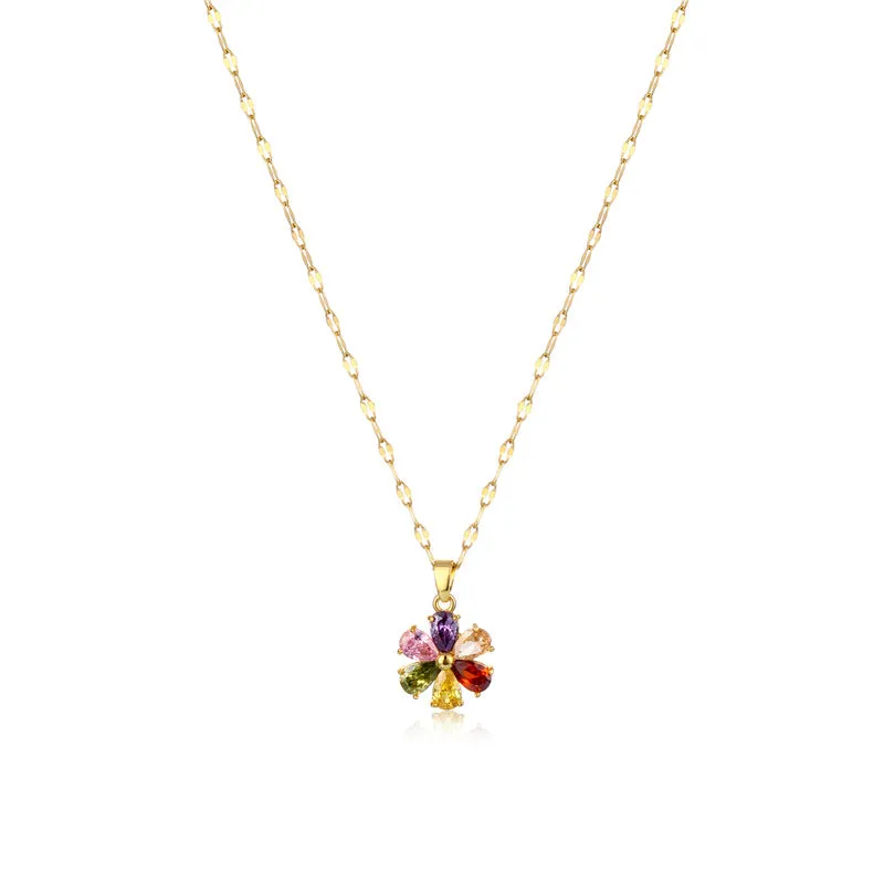 Minimalist Flower Titanium Steel Diamond Inlay Necklaces