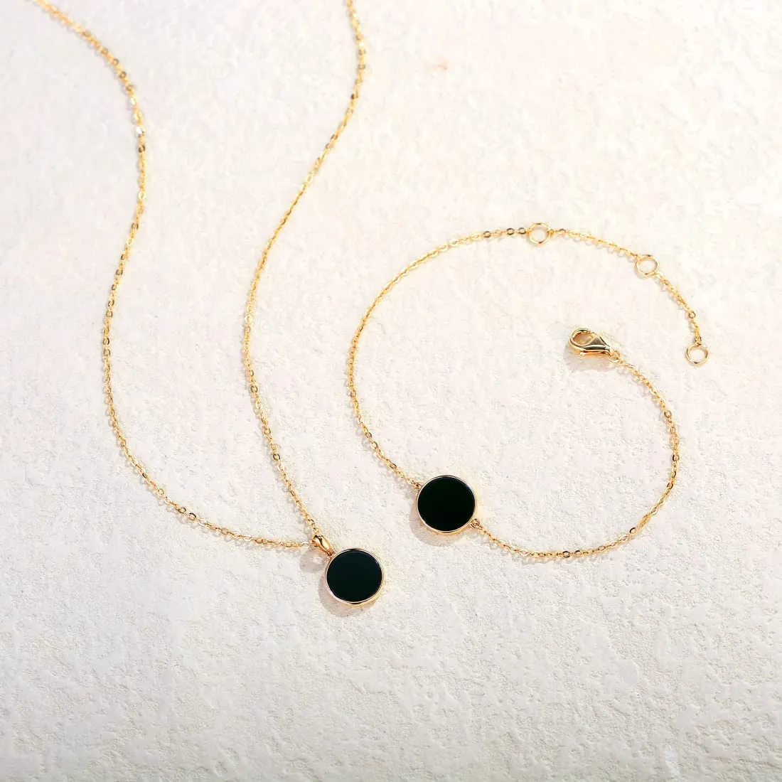 Natural Black Onyx 14K Yellow Gold Disc Necklace