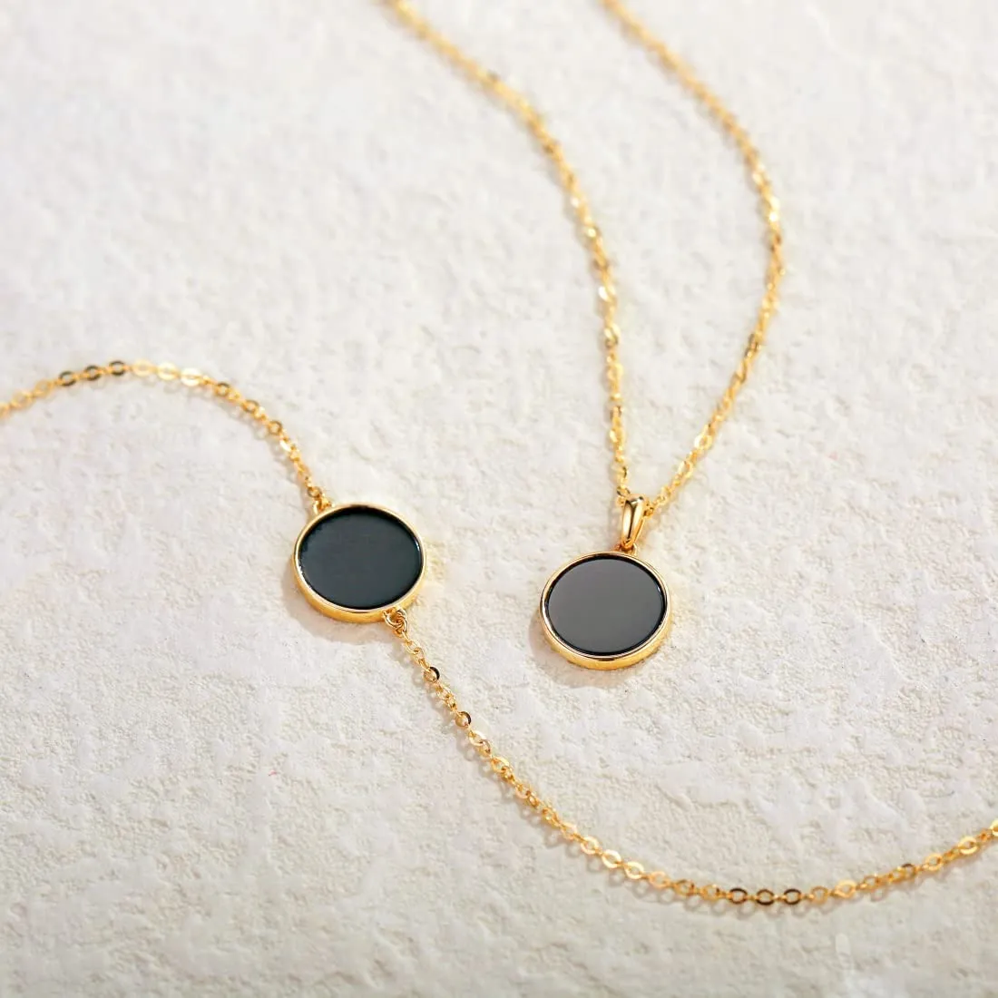 Natural Black Onyx 14K Yellow Gold Disc Necklace