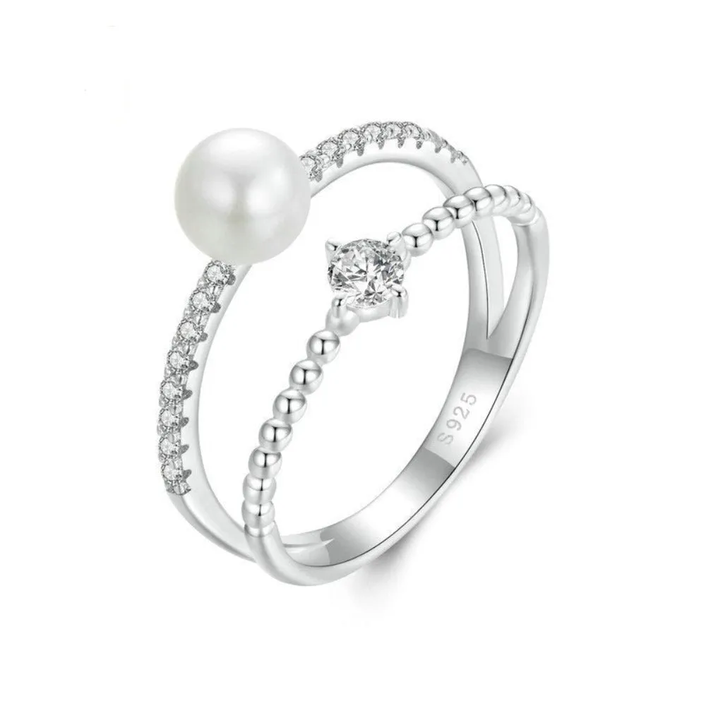 Natural Freshwater Pearl & Pure 925 Sterling Silver Double-Layer Ring