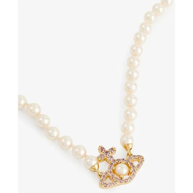 Olympia Pearl Necklace Gold / Cream Rose Pearls / Pink CZ