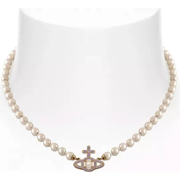 Olympia Pearl Necklace Gold / Cream Rose Pearls / Pink CZ