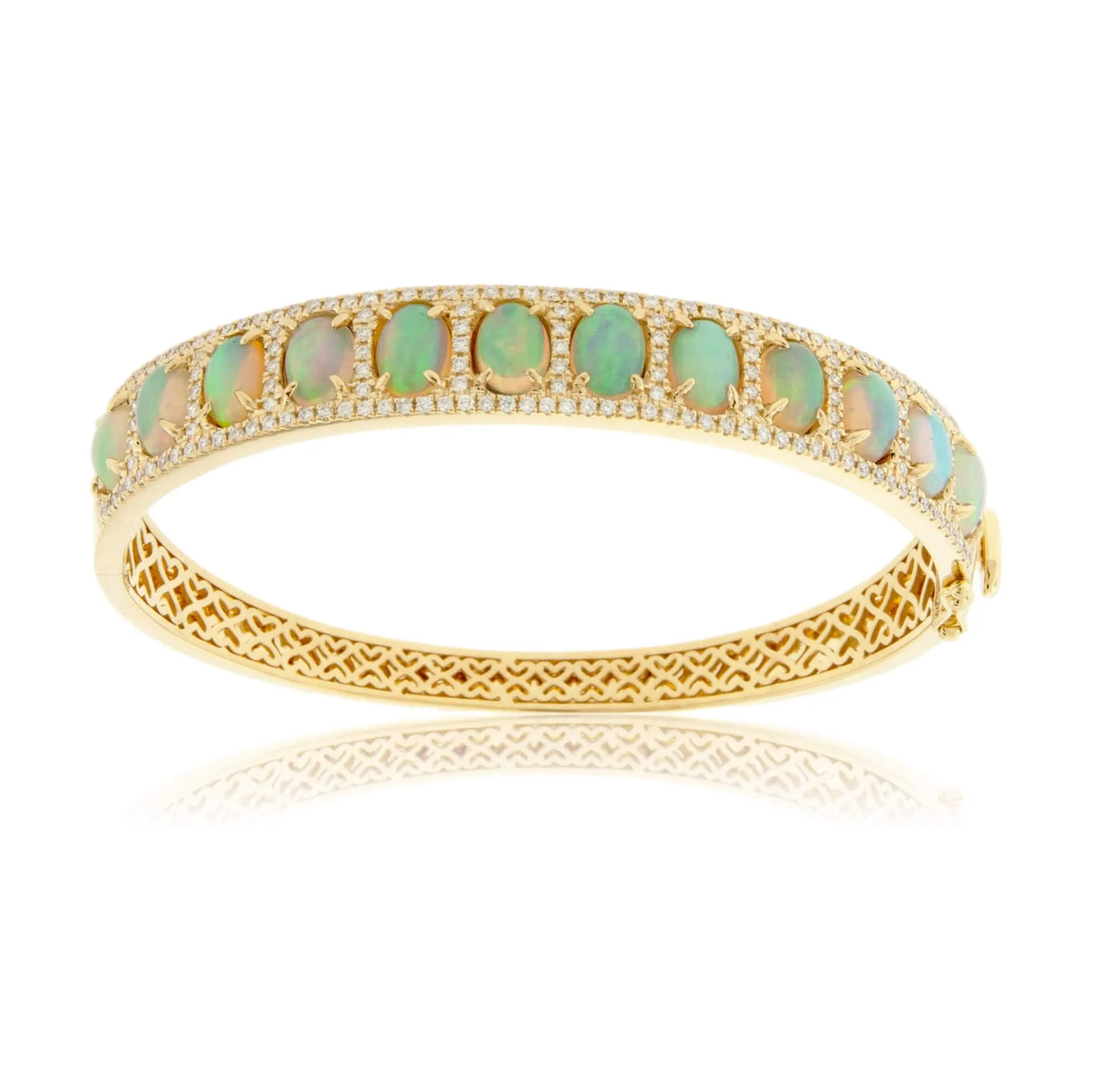 Oval Opal Cabochon & Diamond Halo Bangle Bracelet