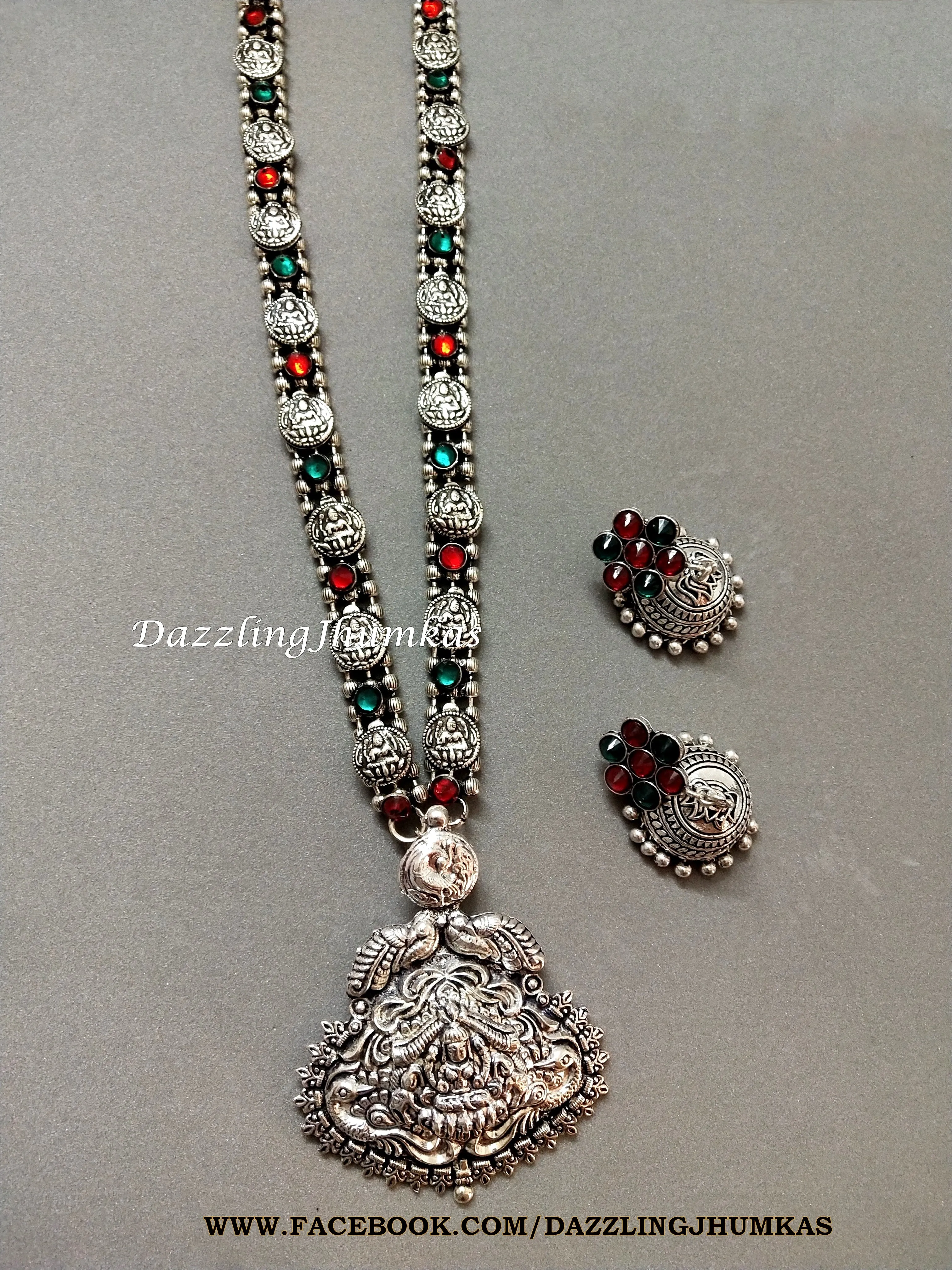 Oxidised Silver Long Lakshmi Temple Haram -Coin Pattern- German Silver Indian Jewelry