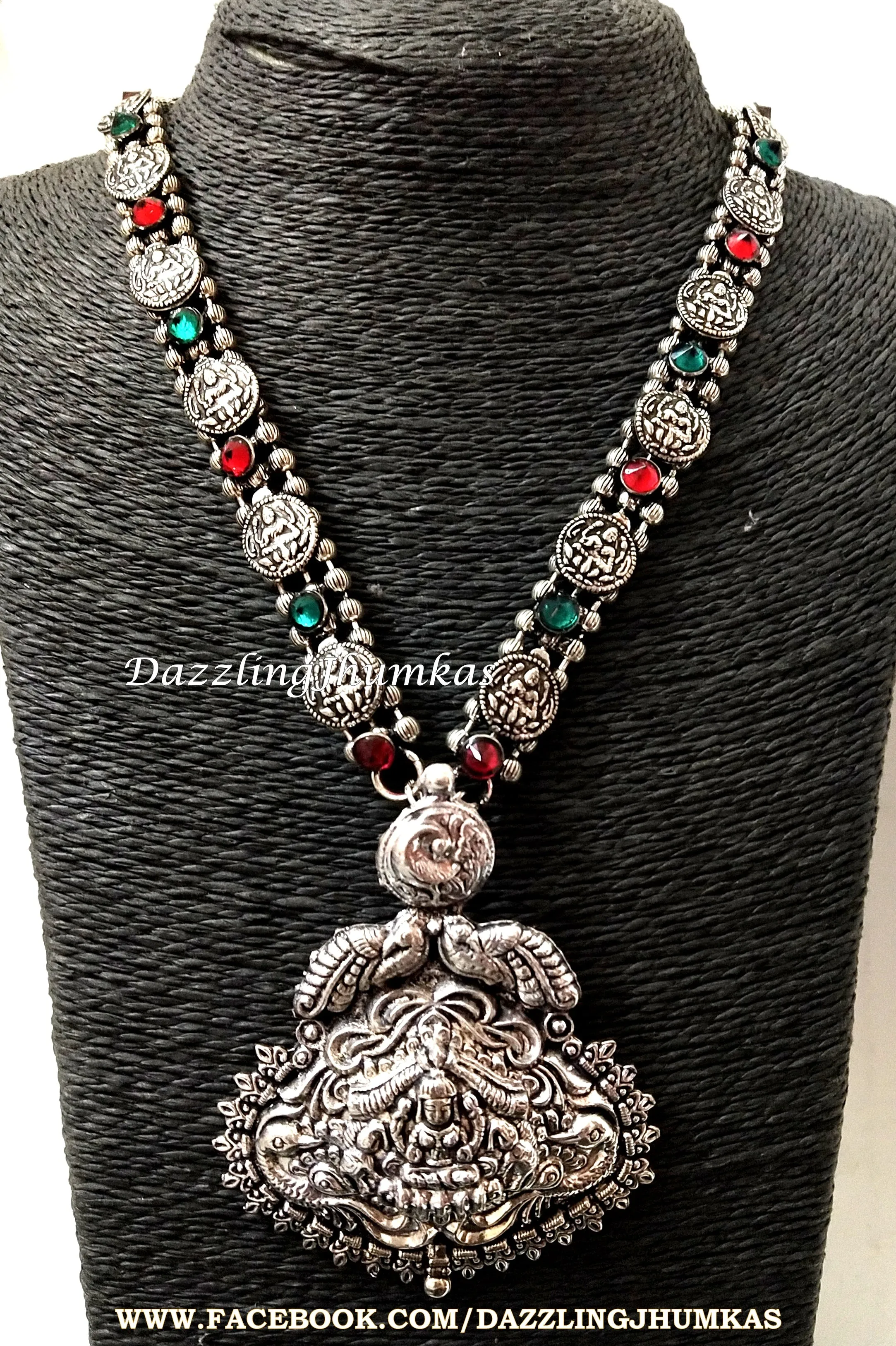 Oxidised Silver Long Lakshmi Temple Haram -Coin Pattern- German Silver Indian Jewelry