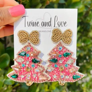 Pink Christmas Tree Jeweled Earrings