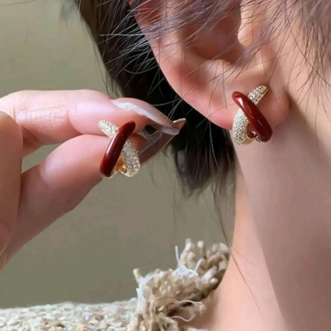 Red Cross Shaped Diamond Inlaid Silver Needle Stud Earrings