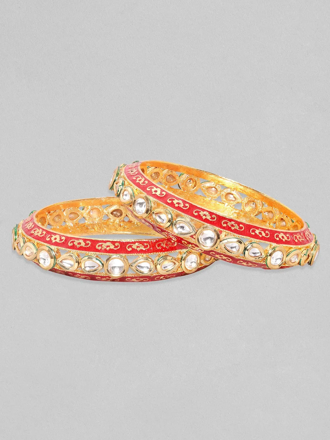 Rubans 24K Gold Plated Kundan Studded Red Enamel Bangles