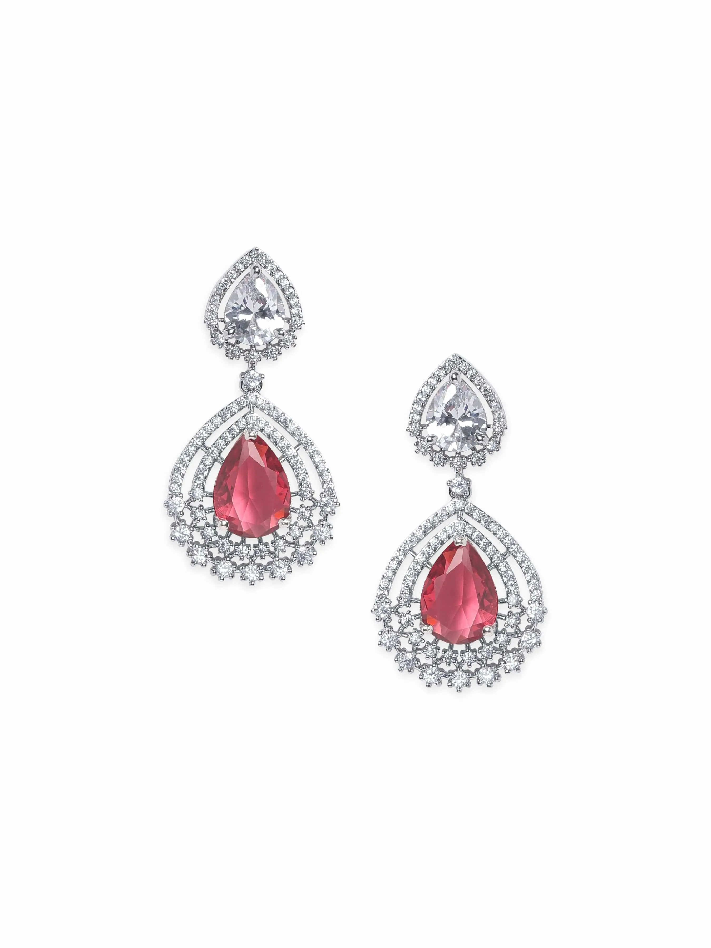 Rubans Rhodium Plated Ruby Red Zirconia Tear drop Chic Earring