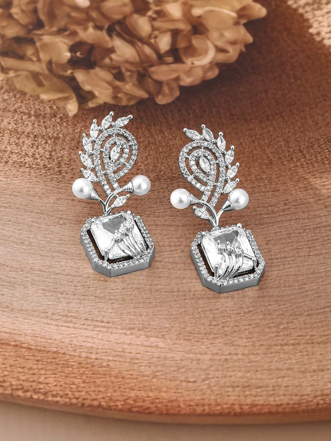 Rubans Rhodium-Plated White AD & Cubic Zirconia Studded Premium Drop Earrings