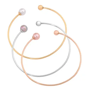 Set 3 of Bracelets 2"x 2" Titanium Rhodium, Gold and Rose Gold Plated, 8mm Round Nuage, White and Pink Pearls and Stainless Steel ball, Aura Collection