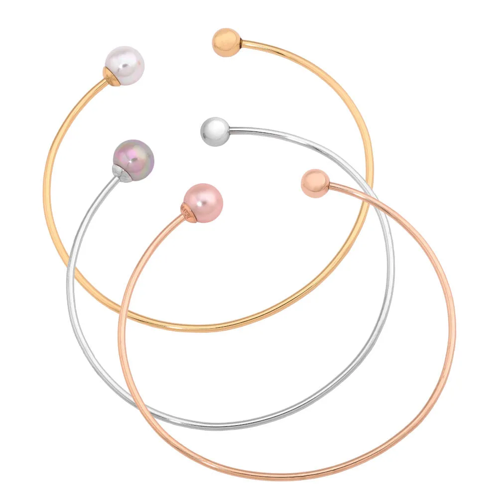 Set 3 of Bracelets 2"x 2" Titanium Rhodium, Gold and Rose Gold Plated, 8mm Round Nuage, White and Pink Pearls and Stainless Steel ball, Aura Collection