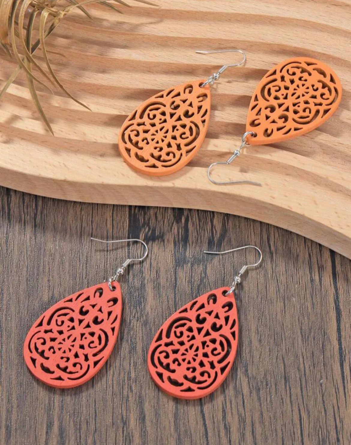 Set of 4 Hollowed Out Wooden Drop Earrings