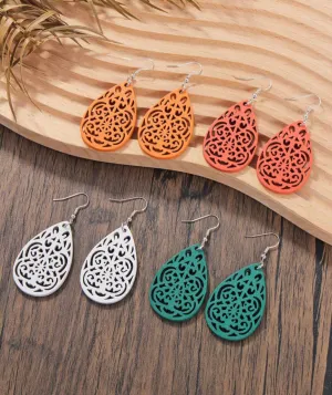 Set of 4 Hollowed Out Wooden Drop Earrings