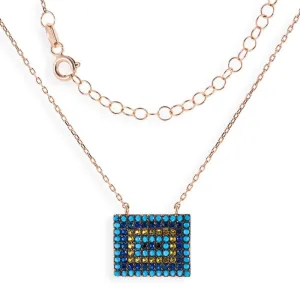 Short Rose Gold Plated Silver Necklace With Turquoise Cubic Zirconia Rectangular Eye