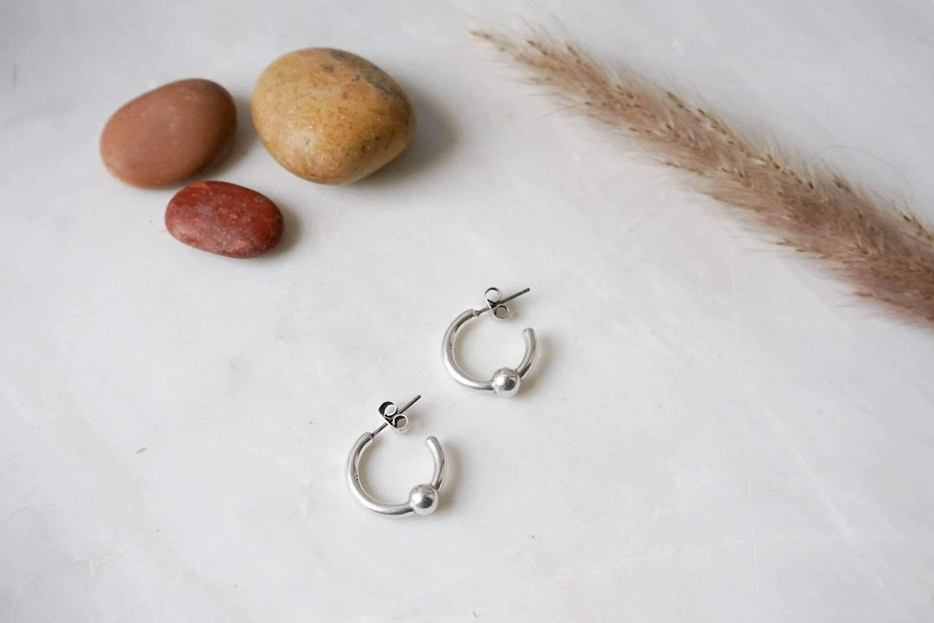 Silver Open Hoop Earrings with One Ball