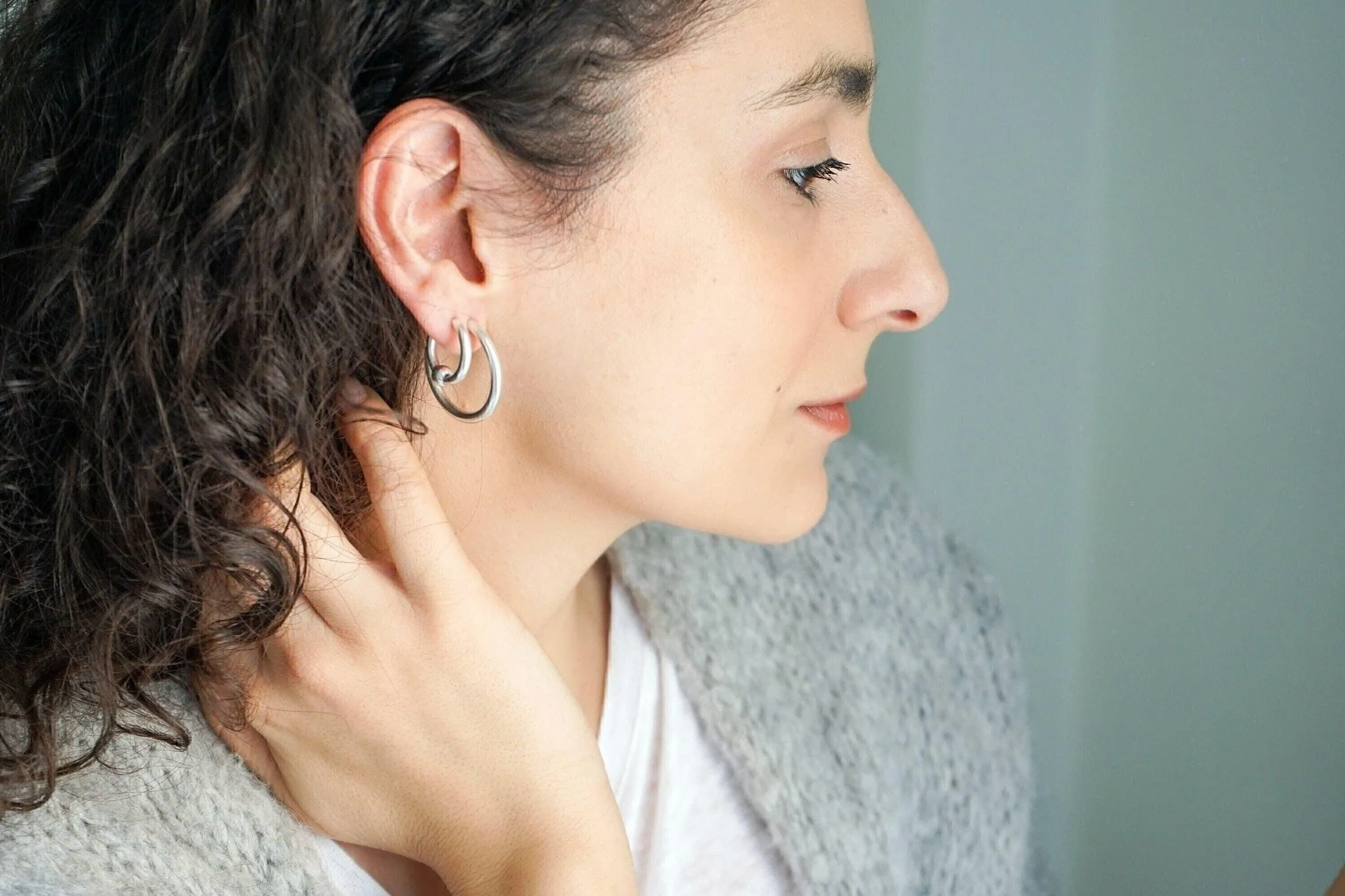 Silver Open Hoop Earrings with One Ball