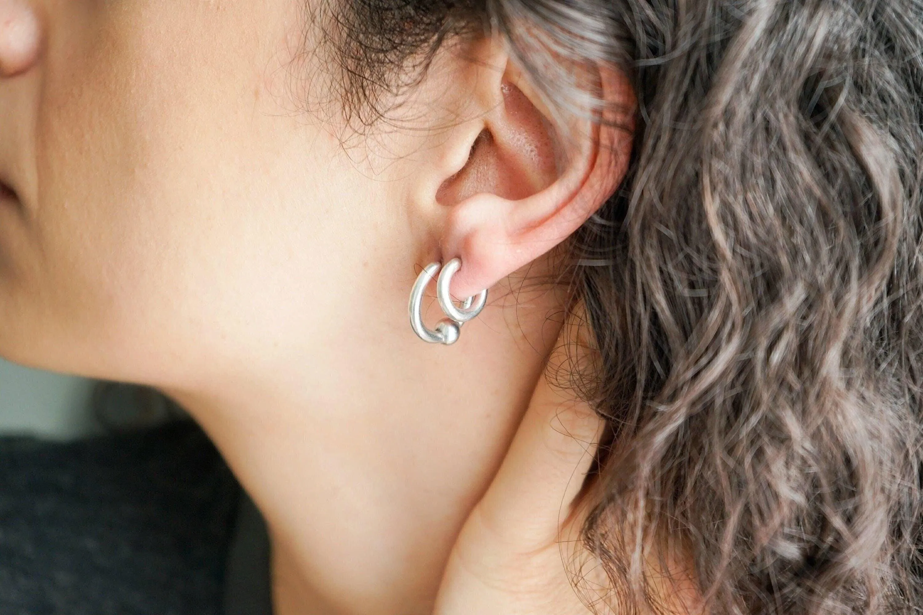 Silver Open Hoop Earrings with One Ball