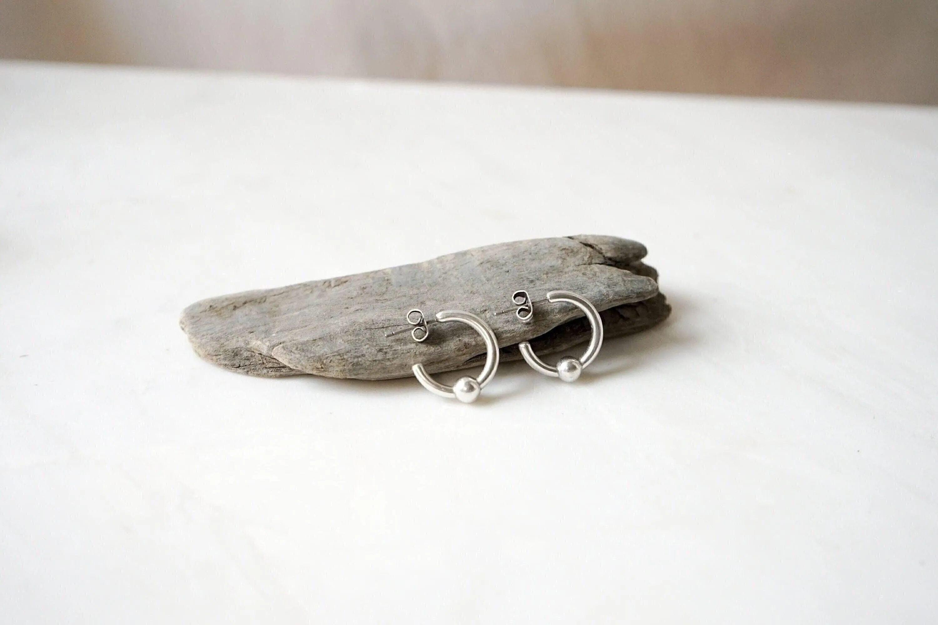 Silver Open Hoop Earrings with One Ball