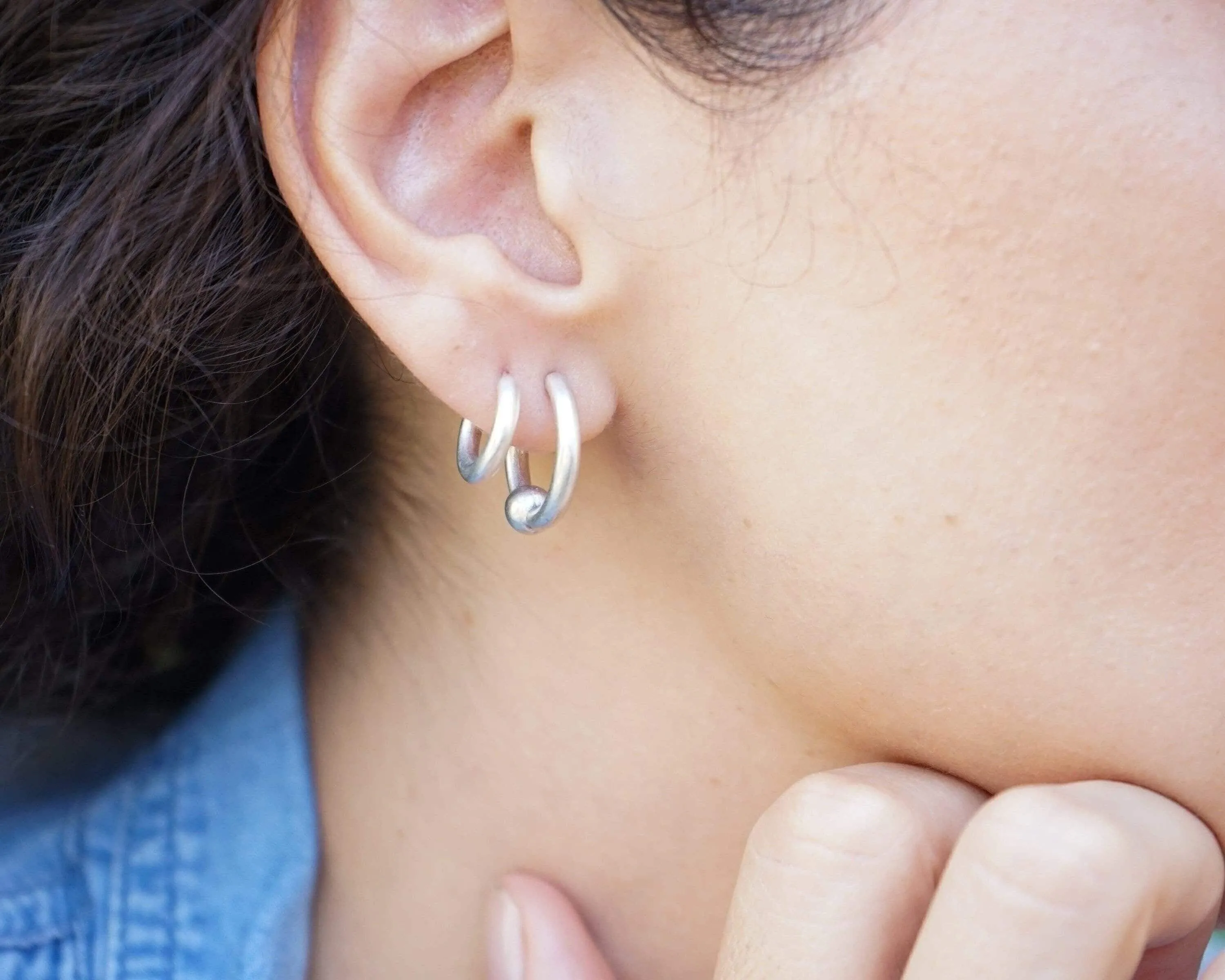 Silver Open Hoop Earrings with One Ball