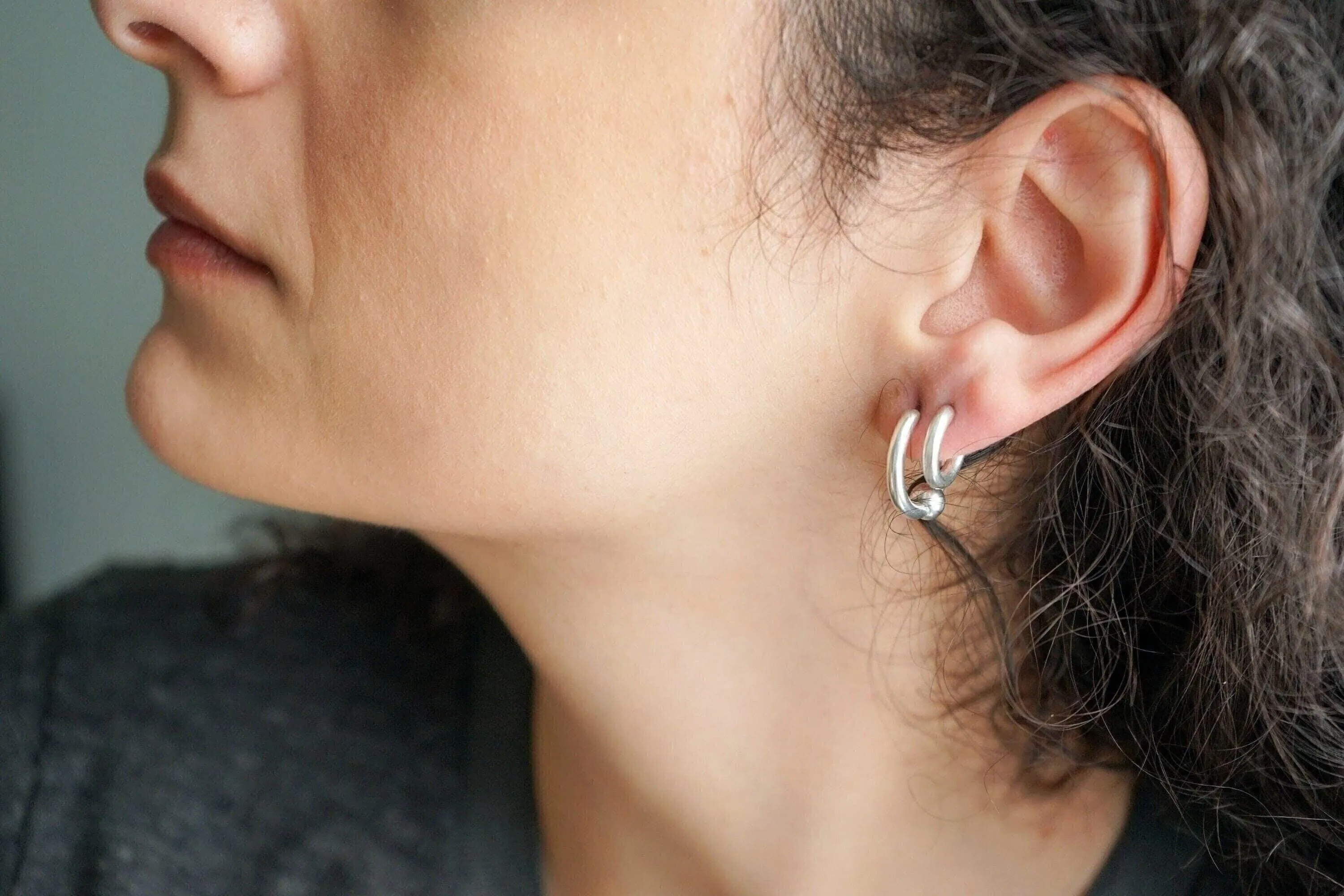 Silver Open Hoop Earrings with One Ball