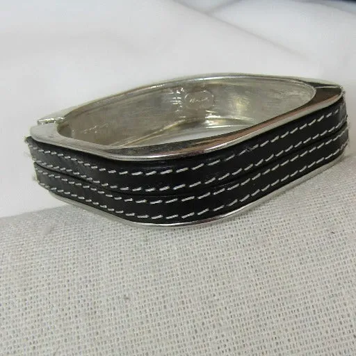 Silver Square Bangle Bracelet Leather