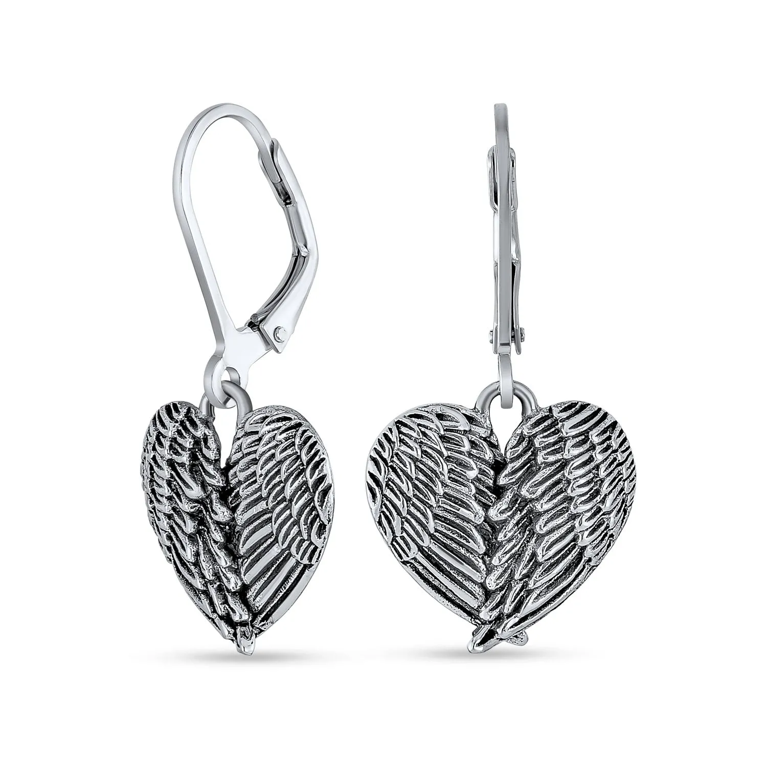 Spiritual Amulet Heart Guardian Angel Wings Feather Dangle Earrings Sterling Silver