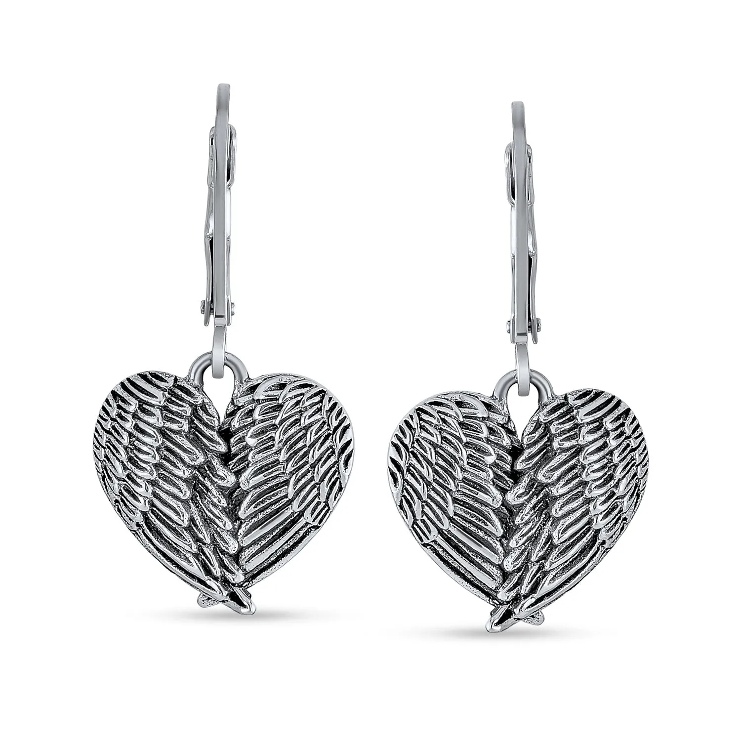 Spiritual Amulet Heart Guardian Angel Wings Feather Dangle Earrings Sterling Silver