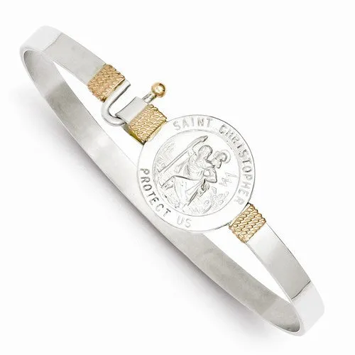 Sterling Silver & 14K Rose Accent St Christopher Hook Catch Bangle Bracelet